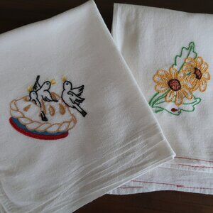 2 Vintage Bleached Muslin Embroidered Towels 30" x 37"